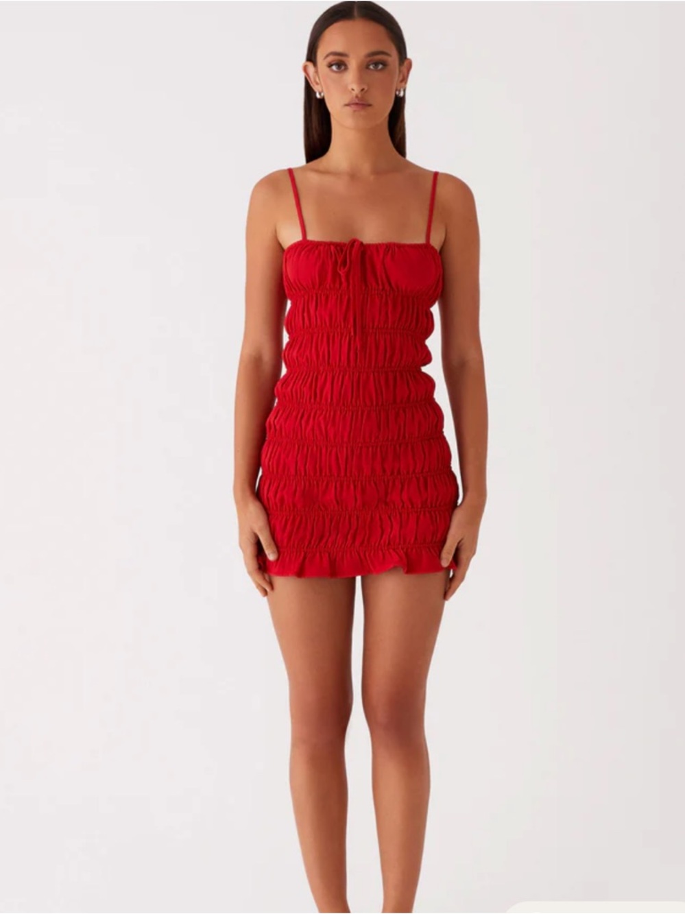 Peppermayo Red Ruched Mini Dress